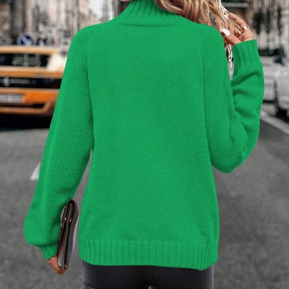 Green Casual Women's Turtleneck Pullover Sweater with Raglan Sleeve - Picture 2 of 8